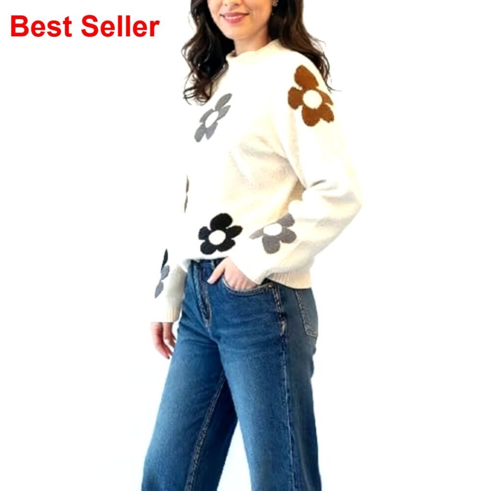 Oversized Chunky Knit Pullover Sweater Mock Neck Floral Print Fall - Picture 3 of 7